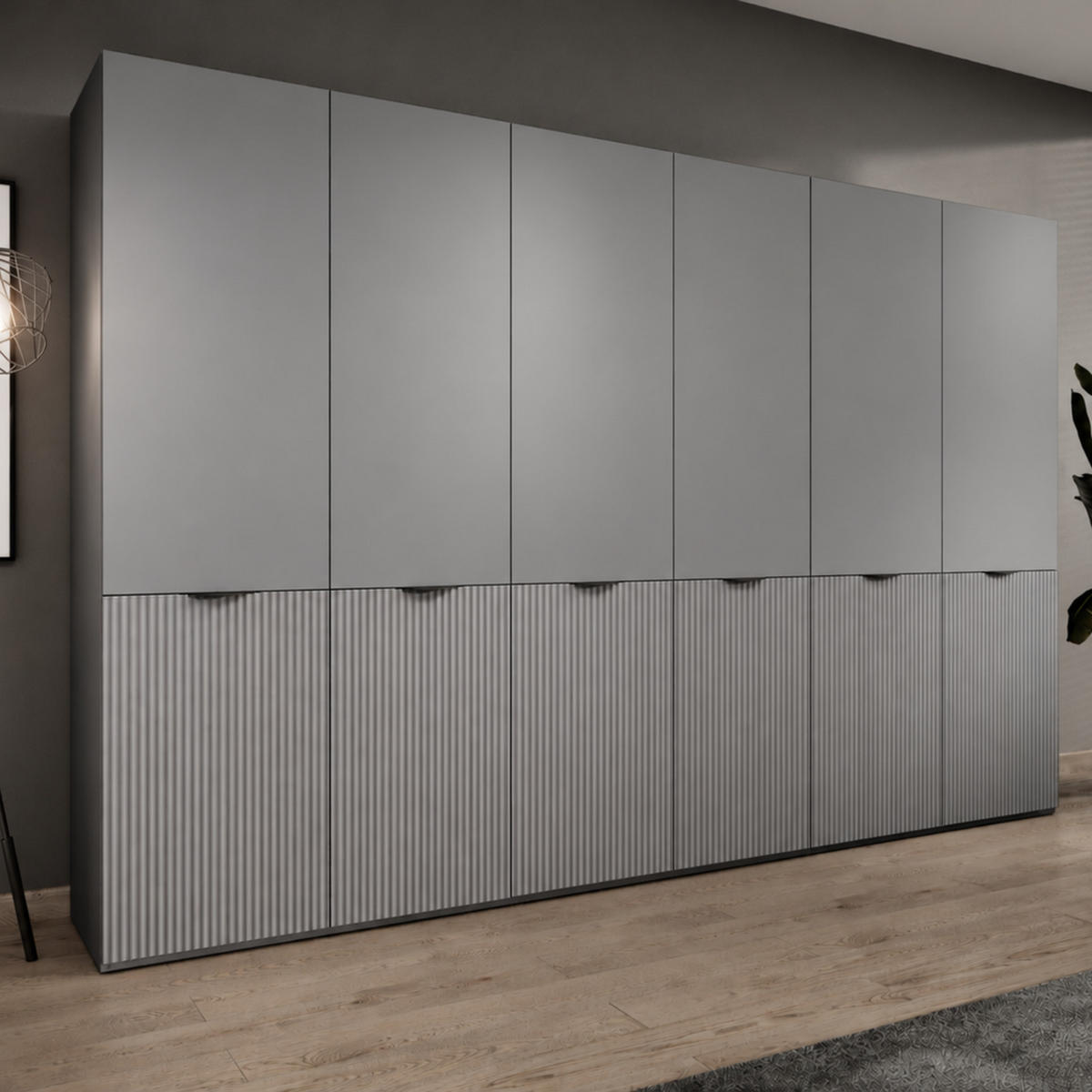 KLEIDERSCHRANK ZEN (Modular, Grau Matt, Rillenfront, 6-türig) - Schwarz/Grau, Holz/Holzwerkstoff (303/200/51cm) - Ravio