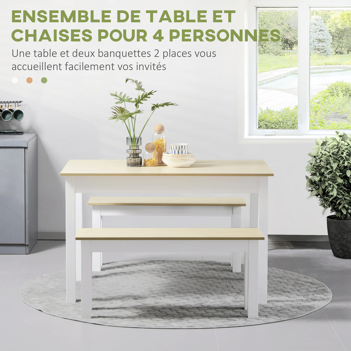 3-TEILIGE Essgruppe mit 2 integrierten Bänken für 4-6 Personen, moderner Stil, Spanplatte - Eichefarben, Kunststoff (119/75/70cm)