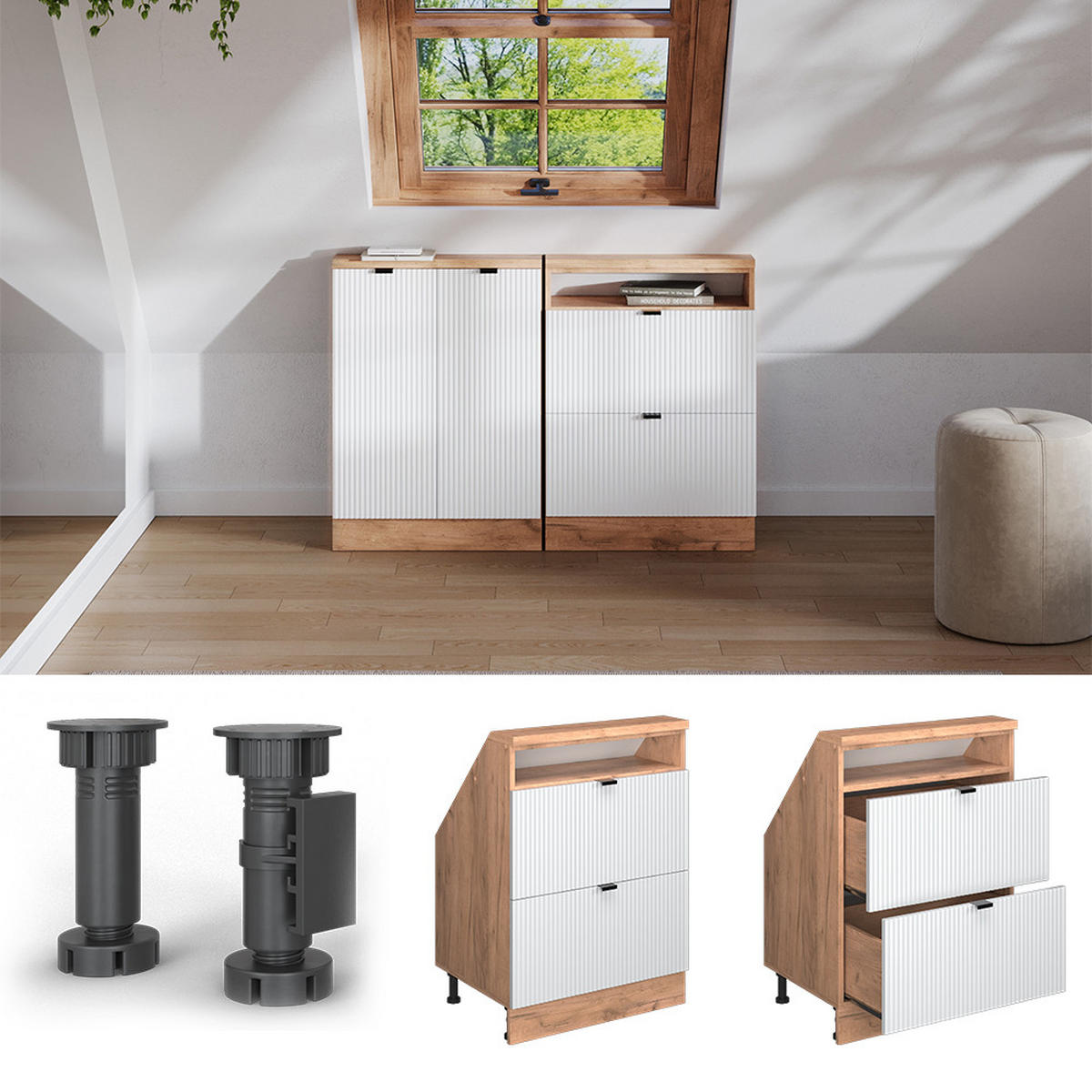 DACHSCHRÄGENSCHRANK Rion Weiß Riffel 60 x 81.6 cm mit 2 Schubladen - Weiß, Holzwerkstoff (60/81.6/46cm) - Vicco