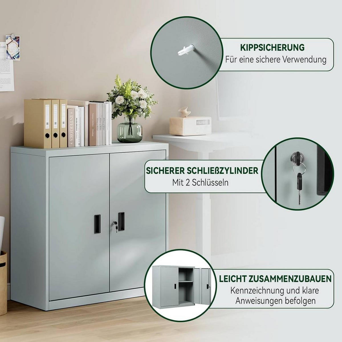 AKTENSCHRANK abschließbar, 90x92x40cm, Metall, Grau - Schwarz/Grau, Metall (90/92.5/40cm) - Woltu