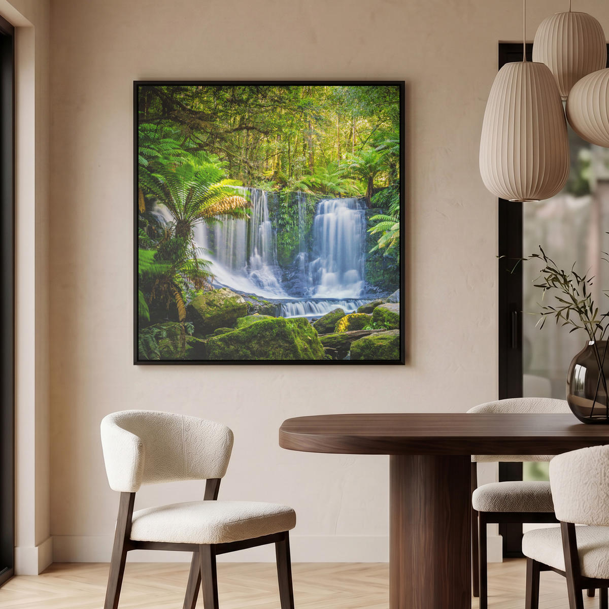 LEINWAND Bilder mit Rahmen - Dschungel - Wasserfall - Australien - Pflanzen - Natur - 90x90 - Dunkelgrün, Textil (90/90cm) - MuchoWow