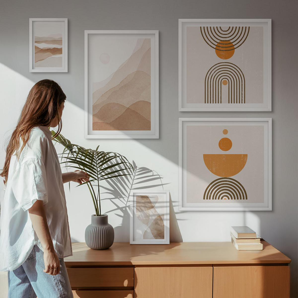 WANDBILDER 5er-Set - 50x50 cm & 20x30 cm & 40x60 cm Weißer Rahmen - Strukturen schattieren Minimalismus - Weiß, Kunststoff (40/60cm) - ArtPrintCave