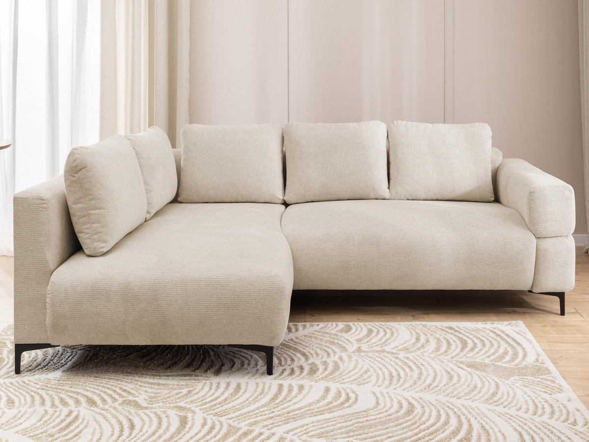 ECKSOFA Cardea in Bubble-Optik aus weichem Hellbeige Strukturstoff mit hohem Sitzkomfort - Ottomane links - Beige/Schwarz, Holz/Textil (170/230cm) - S-Style Möbel