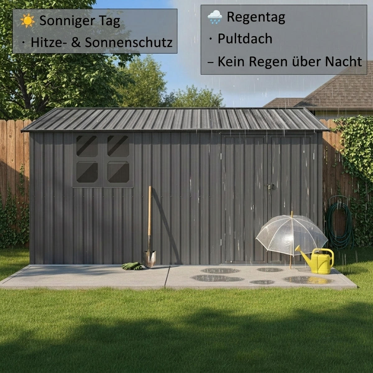 GERÄTEHAUS 374.9/307.8/204.8 cm Grau mit Tür, Schloss, Fenster, klappbarem Tisch und Regalen (10,34m²) - Grau, Metall (307.8/204.8/374.93cm) - Oxeza