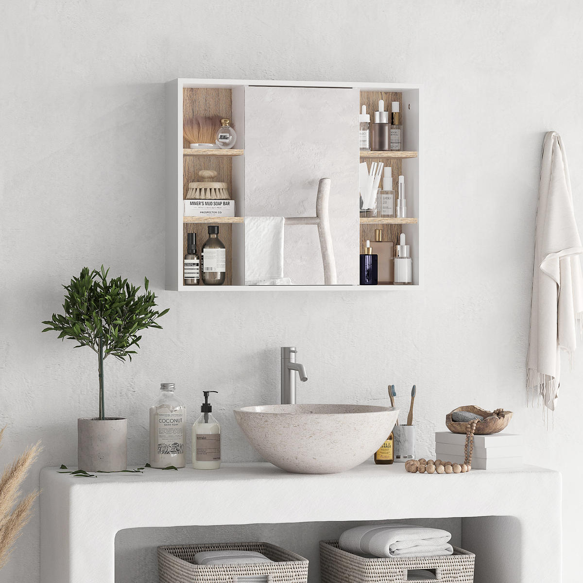 SPIEGELSCHRANK mit 3 Seitenablagen und verstellbarem Innenboden, 60 x 14,5 x 49,4 cm - Weiß, Glas (60/49.4/14.5cm) - Vallsero