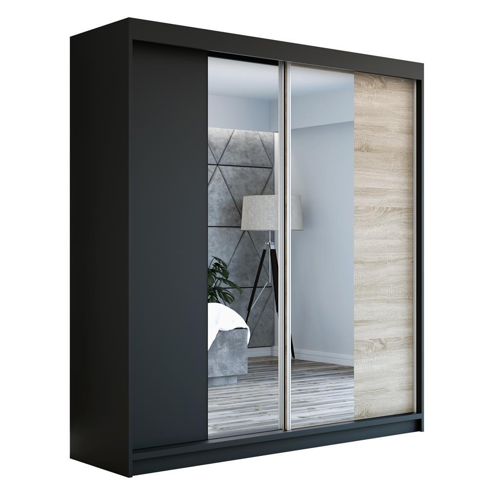 A&J MöbelLand Schwebetürenschrank Schwarz, Schwarz, Braun 160x215x59.5 cm