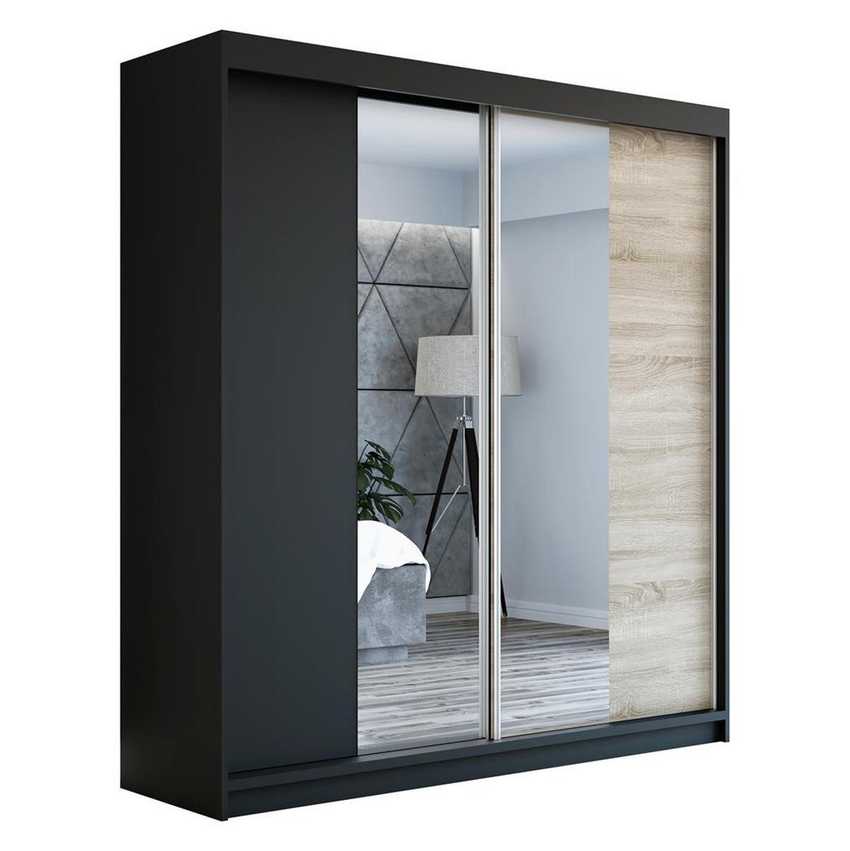 SCHWEBETÜRENSCHRANK 160 CM NEO Farbe: Schwarz / schwarz / sonoma - Schwarz/Braun, Holzwerkstoff (160/215/59.5cm) - A&J MöbelLand