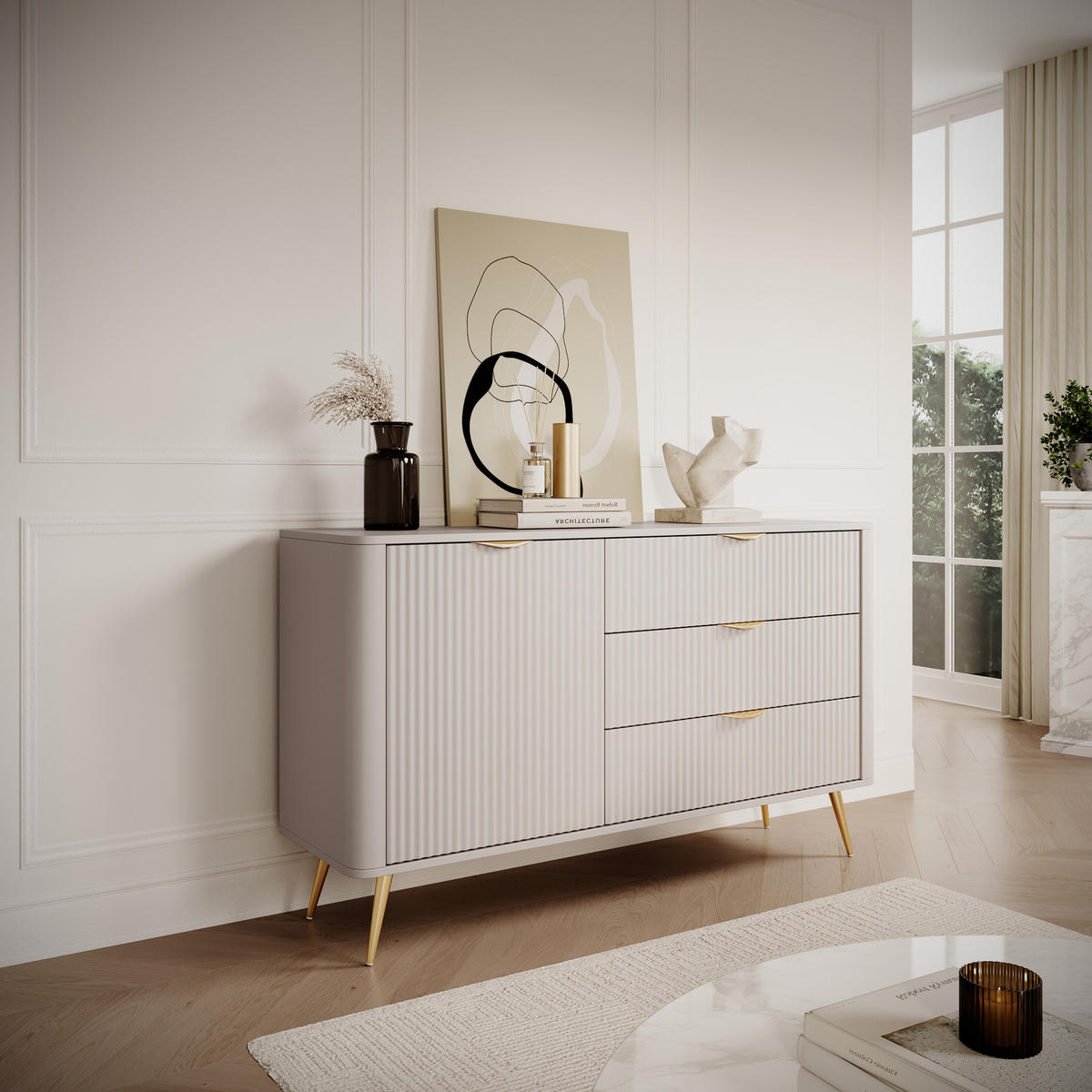 SIDEBOARD Flore 138 cm Beige / Gold - mit 3 Schubladen und 1 Tür - Riffel-Optik - Beige/Gelb, Holz/Holzwerkstoff (138/81/38cm) - Ravio