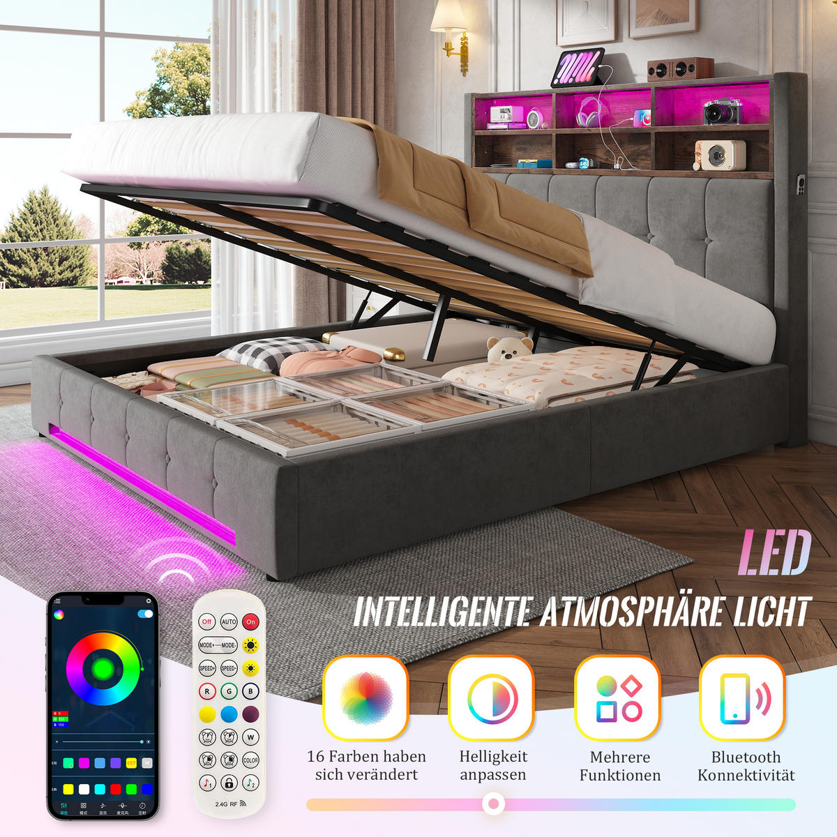 POLSTERBETT 160/200 cm Dunkelgrau mit 6 Fächer, Seitentaschen, USB-C und LED - Dunkelgrau, Textil (160/200cm) - Oxeza