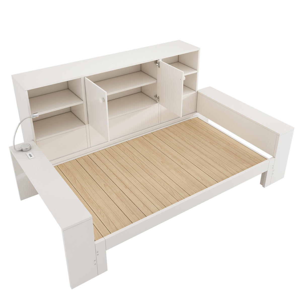 DENNÁ posteľ 90/200 cm biela s výsuvným lôžkom, úložným priestorom a USB portmi z MDF a preglejky - biela, kompozitné drevo (90/200cm) - OKWISH
