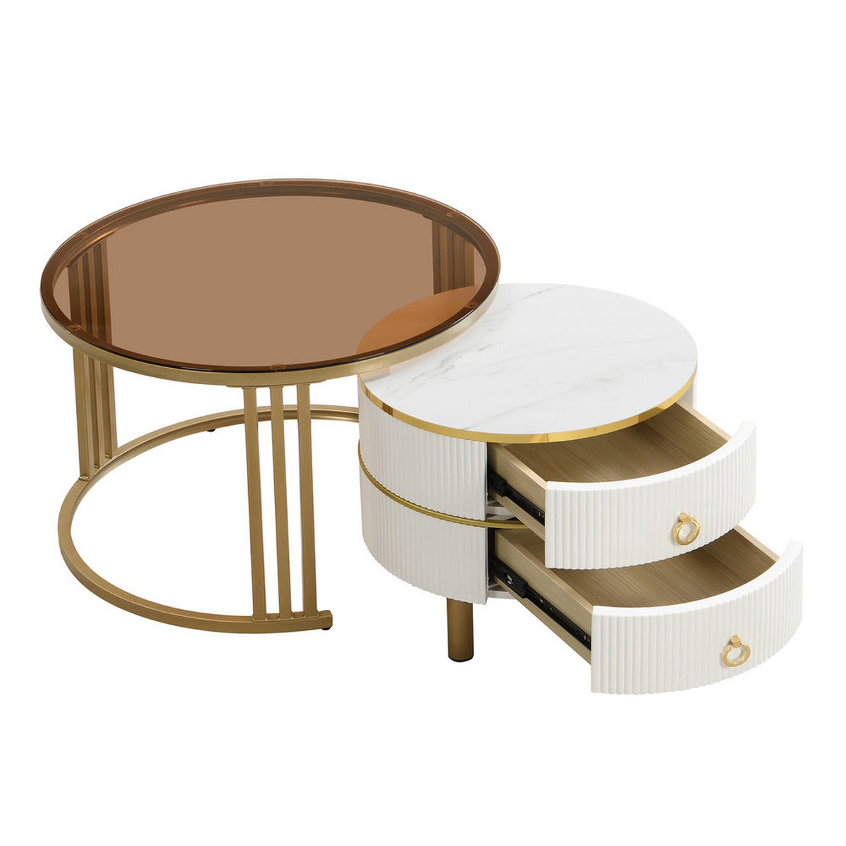 COUCHTISCH 2-in-1 Rund 2 Schubladen Weiß & Braunglas - Weiß, Holz (56/56/34.5cm) - FLIEKS