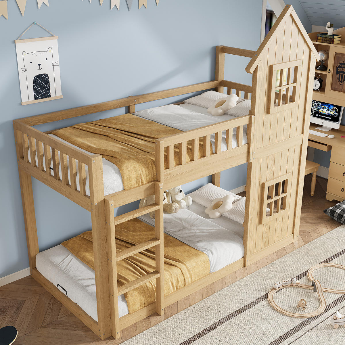 ETAGENBETT 90/200 cm in Natur mit Hausform, Fenstern und Treppe - Naturfarben, Holz/Holzwerkstoff (90/200cm) - WISHDOR