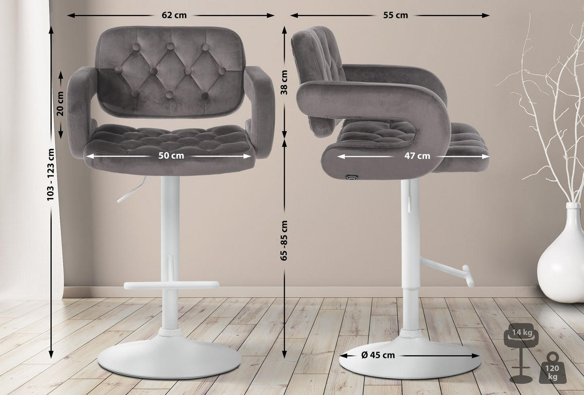 BARHOCKER Samt grau - Weiß/Grau, Textil (62/103/55cm) - CLP