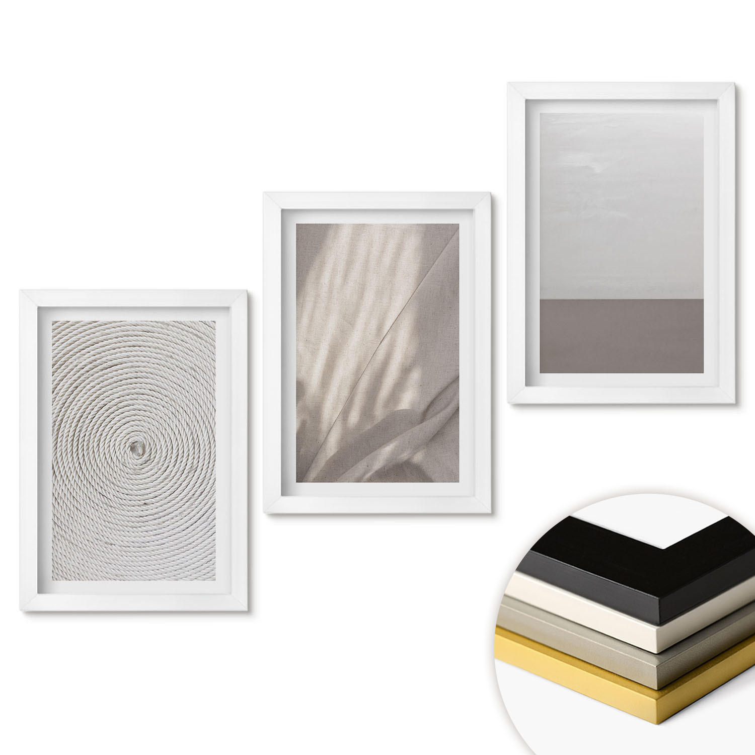 WANDBILDER 3er-Set - 20x30 cm Weißer Rahmen - Natürliche Boho-Texturen - Weiß, Kunststoff (20/30cm) - ArtPrintCave