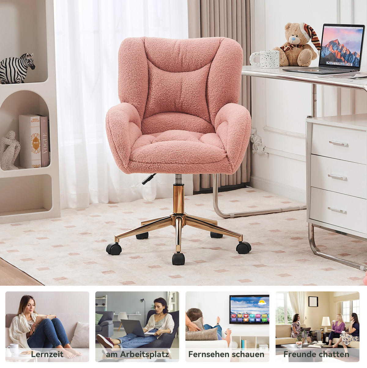 DREHSTUHL Teddy-Stoff höhenverstellbar und 360° drehbar 64/62/92.5 cm Rosa - Rosa, Textil (62/92.5/64cm) - Redom