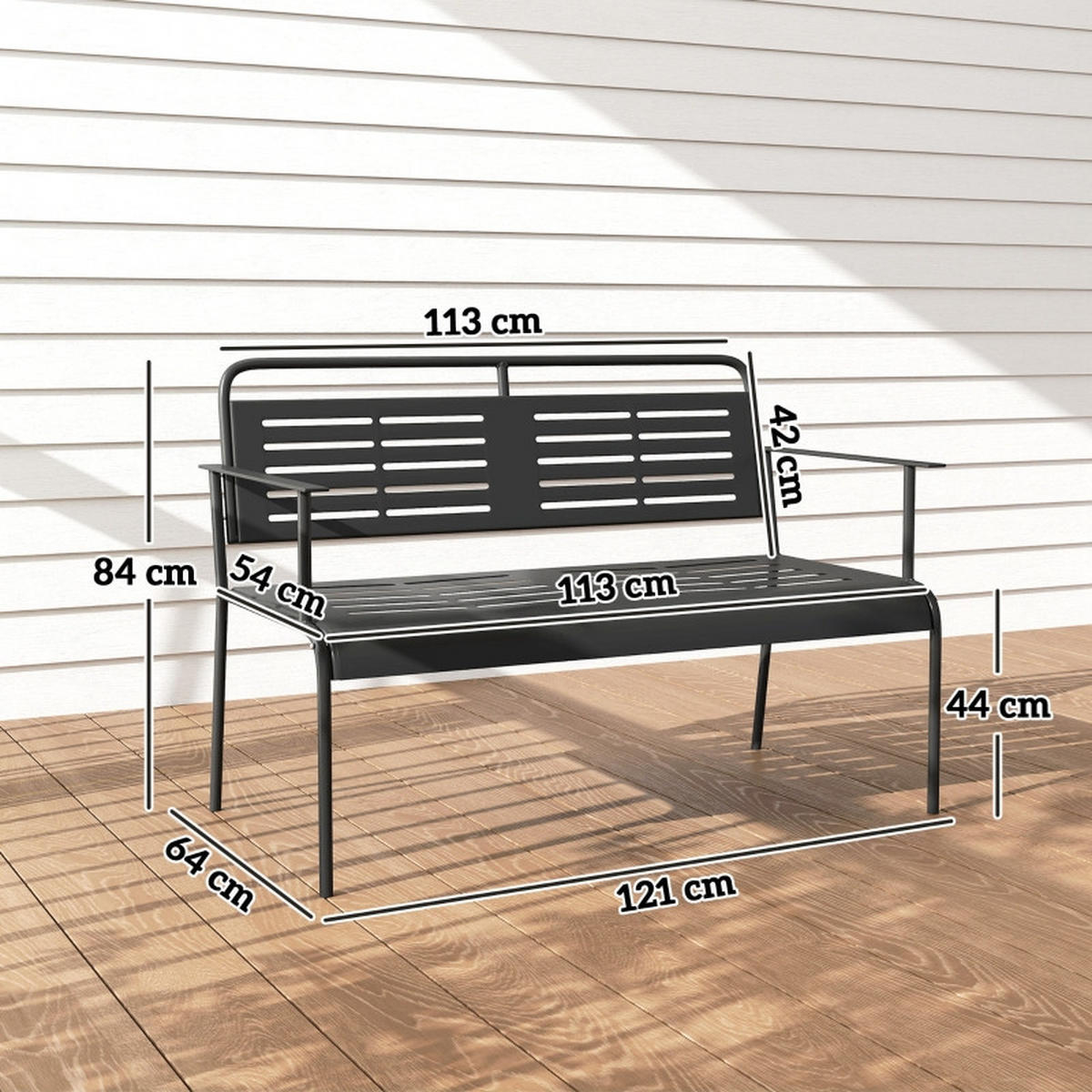 GARTENBANK 121x64x84 cm 2 Sitzer 240 kg schwarz - Schwarz, Metall (121/84/64cm) - LEBENLANG