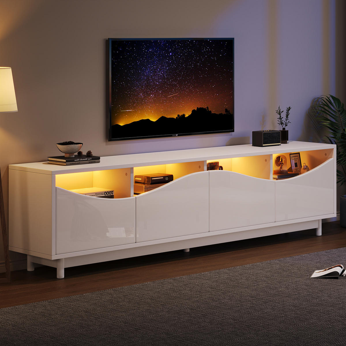 TV-SCHRANK 175x38cm geschwungenes Design Hochglanzweiß LED Glastür - Weiß, Holz (49/27.94/61.98cm) - FLIEKS