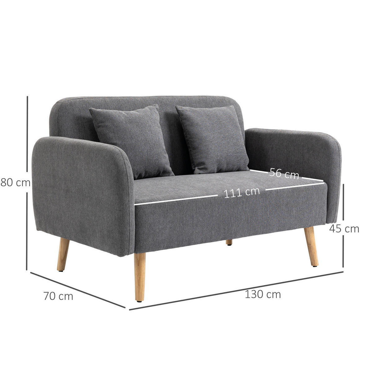 2-SITZER Sofa aus Polyester 130x70x80 cm in Grau mit 2 Kissen - Grau, Textil (70/80/130cm) - Modfu