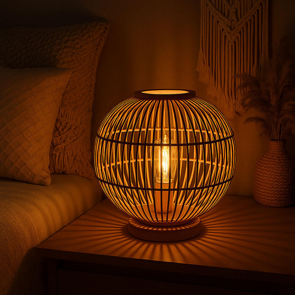 TISCHLEUCHTE Holz Bambus Geflecht Braun - Braun, Holz (30/30/33.5cm)