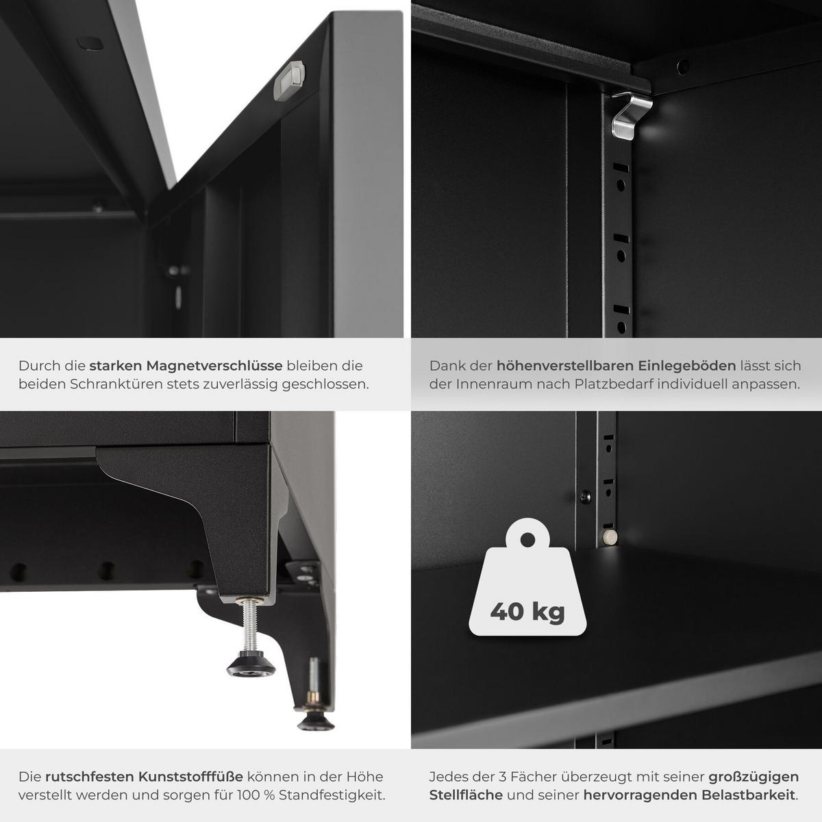 AKTENSCHRANK Blake, Kippschutz, höhenverstellbare Füße, schwarz - Schwarz, Metall (80/100/40cm) - tectake