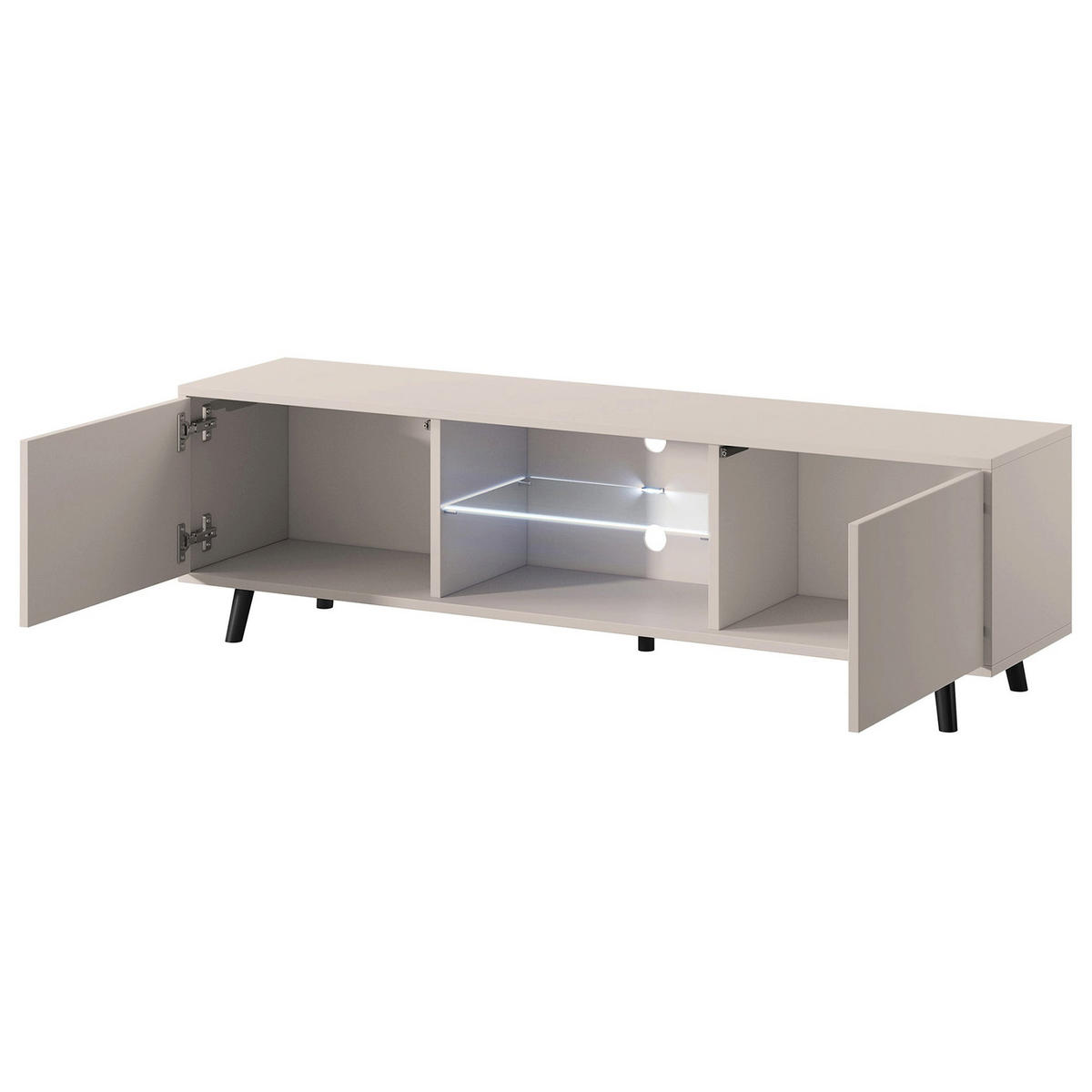 TV stolek LEFYR šedobéžový s LED a přihrádkami 140 cm - černá/šedohnědá, kompozitní dřevo (140/30/31.3cm) - Selsey