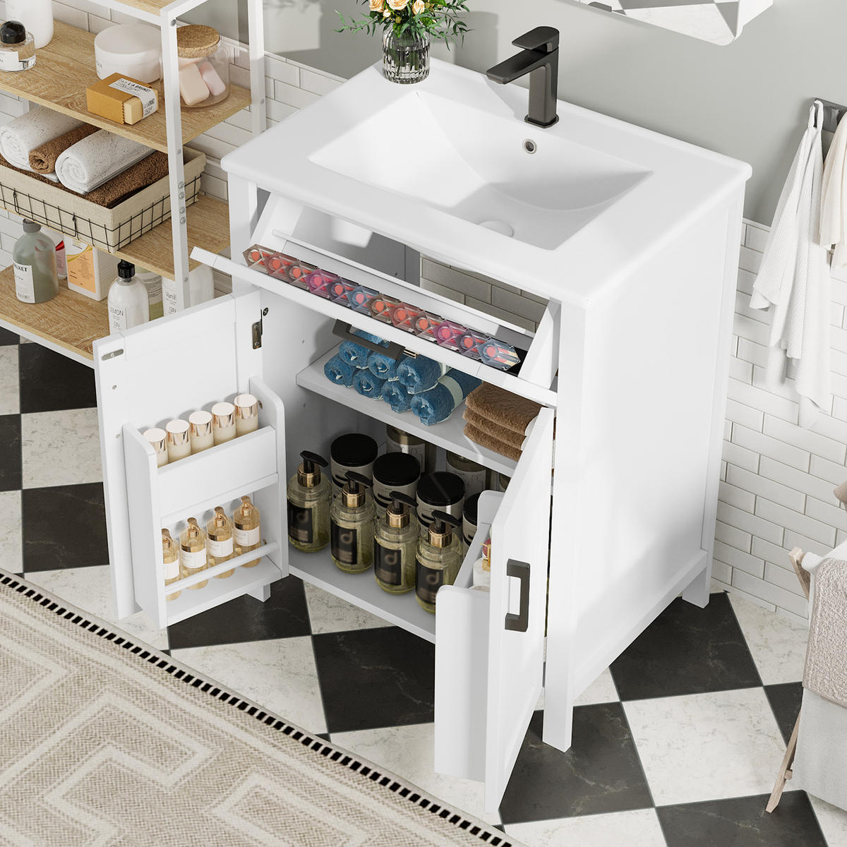 WASCHTISCHKOMBI Weiß freistehend mit Keramikbecken - Weiß, Keramik/Holzwerkstoff (60/84/46cm) - Urban Meuble