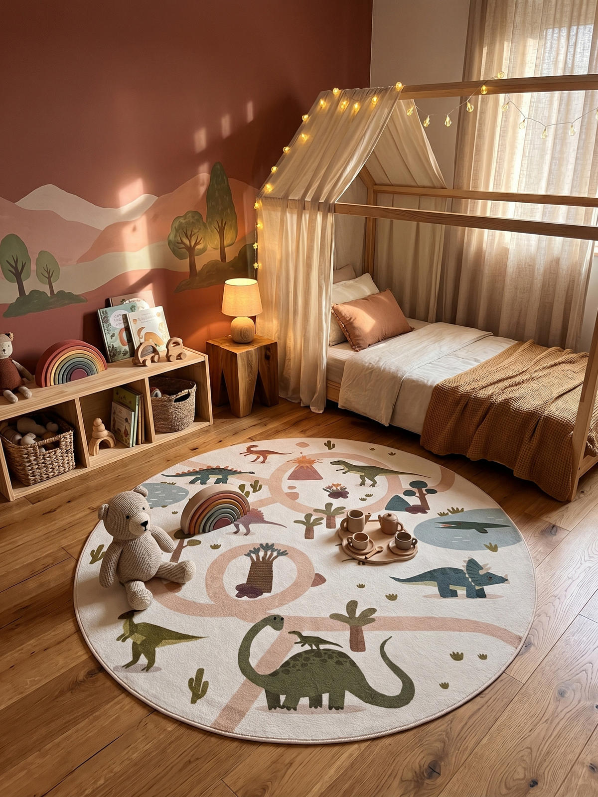 KINDERTEPPICH Kurzflor Dinosaurier-Landschaft Waschbar OEKO-TEX Spielteppich Jungen Mädchen Rund Creme 200x200 – TINO - Creme, Textil (200/200cm) - KADIMA DESIGN