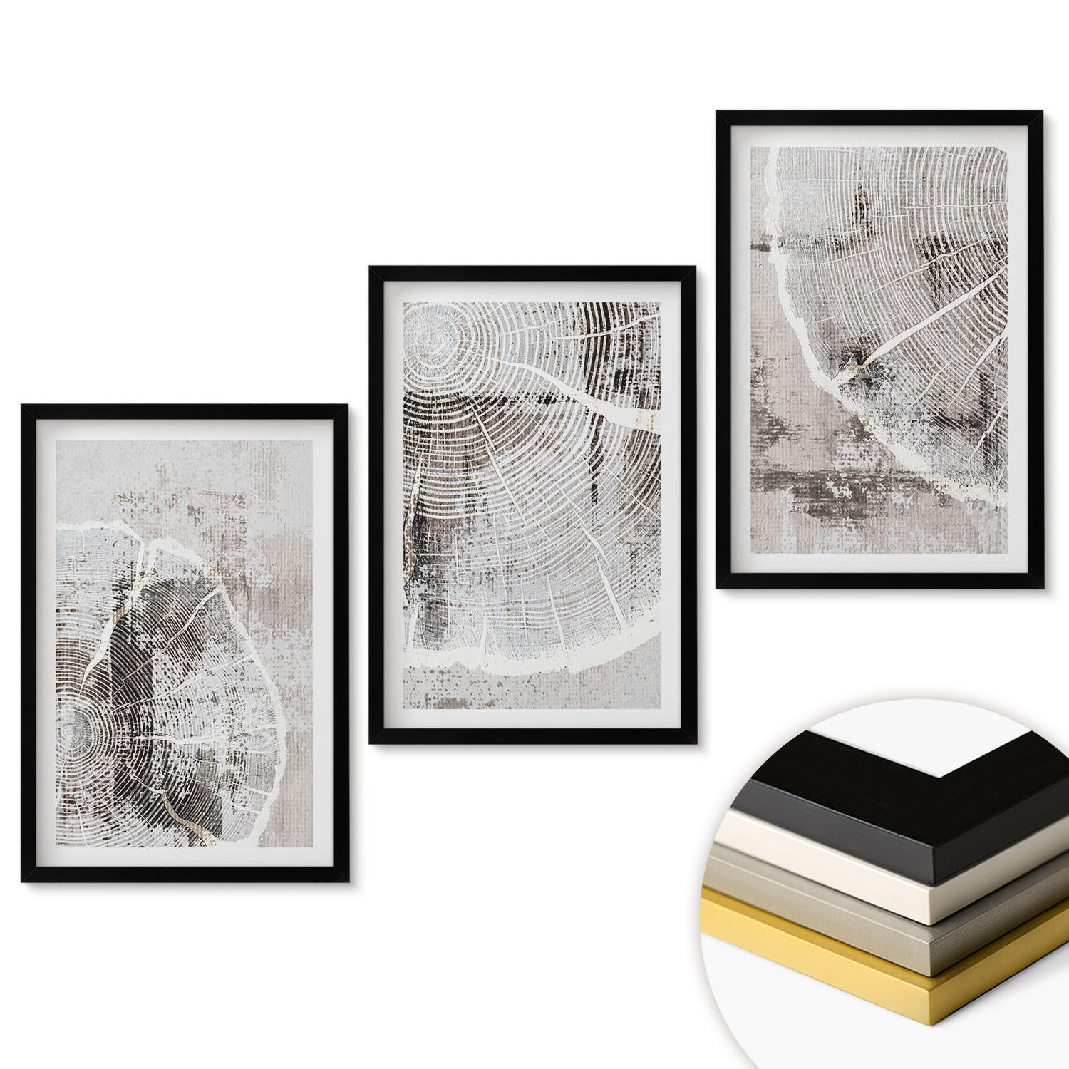 WANDBILDER 3er-Set - 40x60 cm Schwarzer Rahmen - Graue Holzmaserungsmuster - Schwarz, Kunststoff (40/60cm) - ArtPrintCave