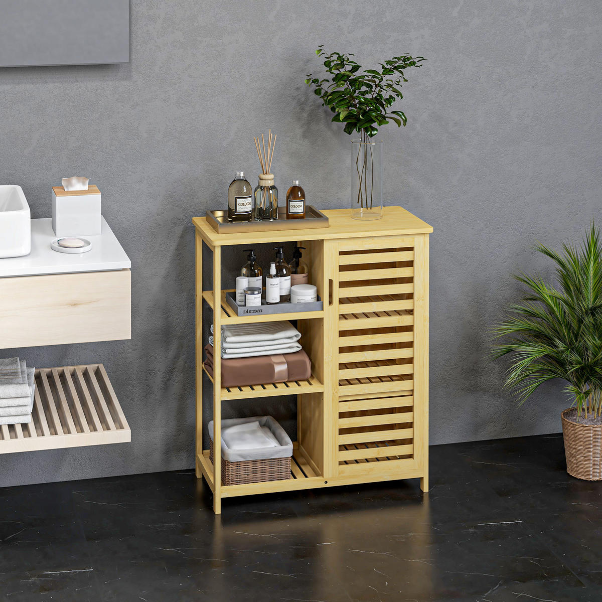 BADEZIMMERSCHRANK Badschrank mit Schrankfach, 3 Offenen Ebenen, Bambus, Natur - Naturfarben, Holz (33/87/66cm) - Kleankin