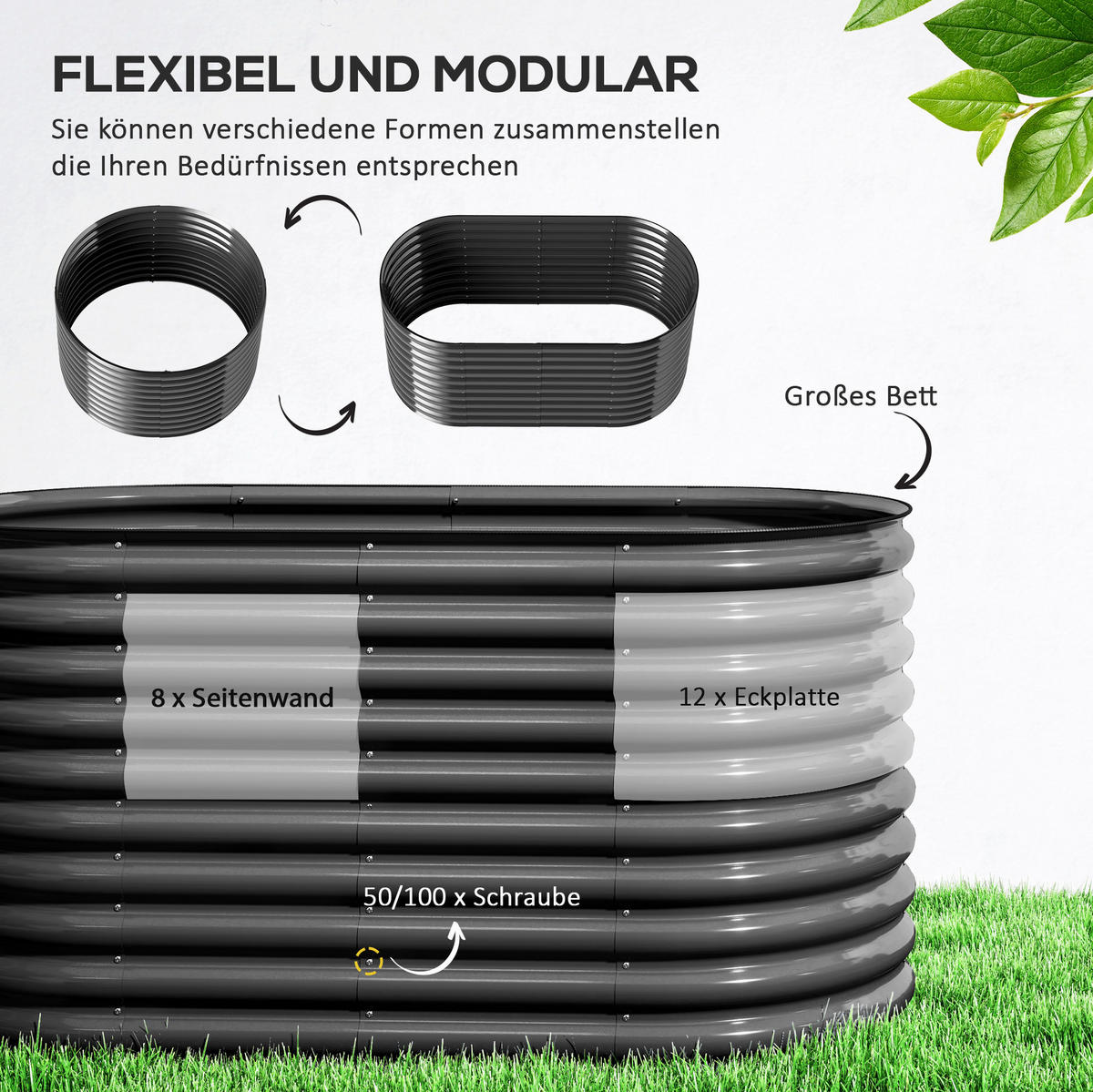 BLUMENKASTEN aus Stahl 160x80x80 cm in Dunkelgrau mit flexiblem Stecksystem - Dunkelgrau, Metall (80/80/160cm) - Modfu