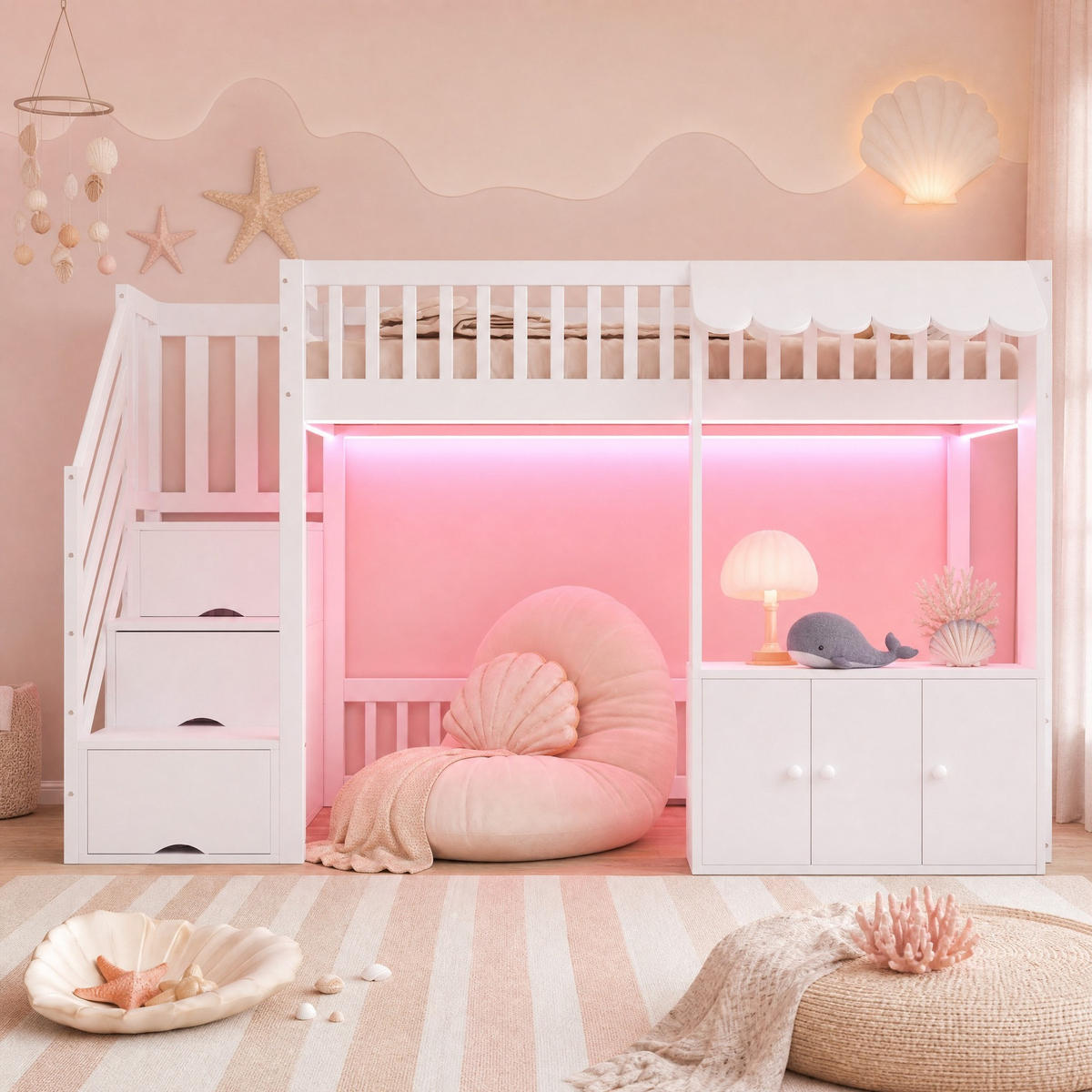 HOCHBETT 90/200 mit LED Stauraumtreppe und Stauraumschrank in Weiß - Weiß, Holz/Holzwerkstoff (90/200cm) - EVRYAE