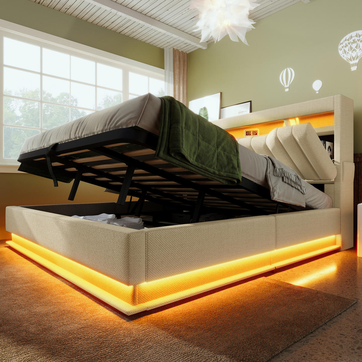 ČALÚNENÁ posteľ z ľanu 160x200 cm béžová s LED osvetlením, USB a USB-C, hydraulickým úložným priestorom - béžová, textil (160/200cm) - Modfu