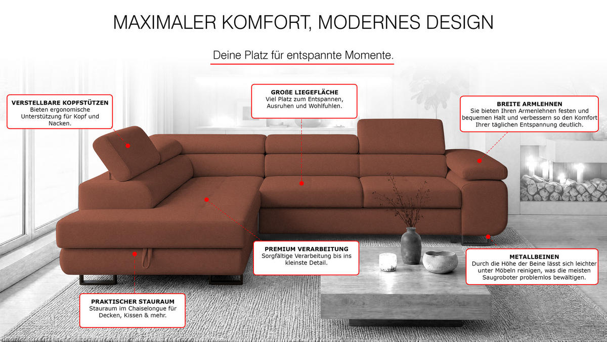 ECKSOFA Velmo mit Bettkasten und Schlaffunktion, verstellbaren Kopfstützen, in L-Form - Hellrosa, Textil (275/203cm)