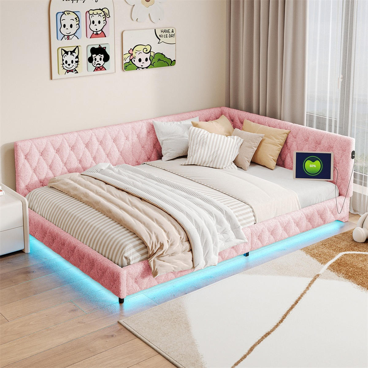 POLSTERBETT 140x200 cm - Doppelbett mit LED-Bettumrandung und USB-Ladefunktion - ohne Matratze - Rosa - Pink, Textil (140/200cm) - DELFA