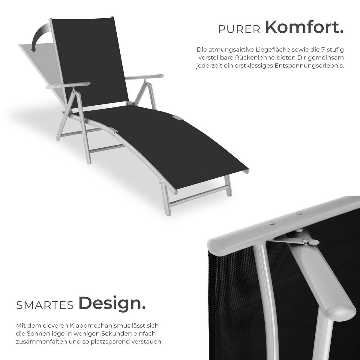 GARTENLIEGE Marisol,182 x 62 x 59 cm,schwarz/silber - Silberfarben/Schwarz, Kunststoff (62/59/182cm) - tectake