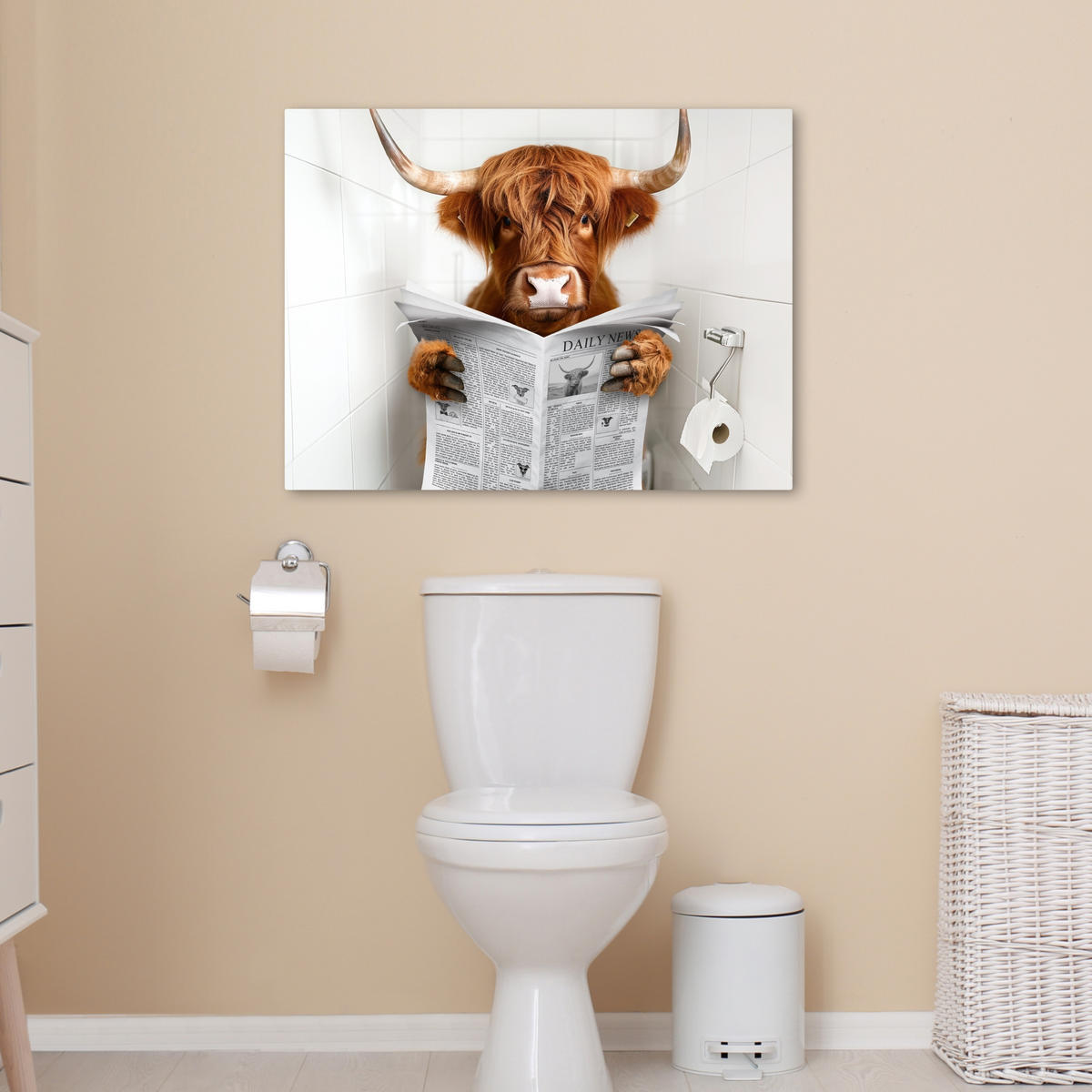 LEINWANDBILD Schottischer Highlander - Tier - Zeitung - Toilette 70x50 cm - Kastanienfarben, Textil (70/50cm) - MuchoWow