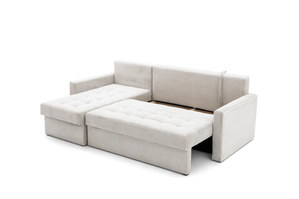 ECKSOFA PULA L Links mit Schlaffunktion 132x198 Cord Creme - Creme/Schwarz, Holz/Kunststoff (214/145cm) - NACANAPA