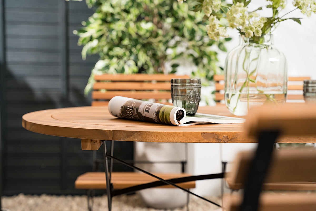 GARTENTISCH OVAL - Akazie massiv / Stahl - Braun / Schwarz - Schwarz/Braun, Holz/Metall (90/140/75cm) - home24