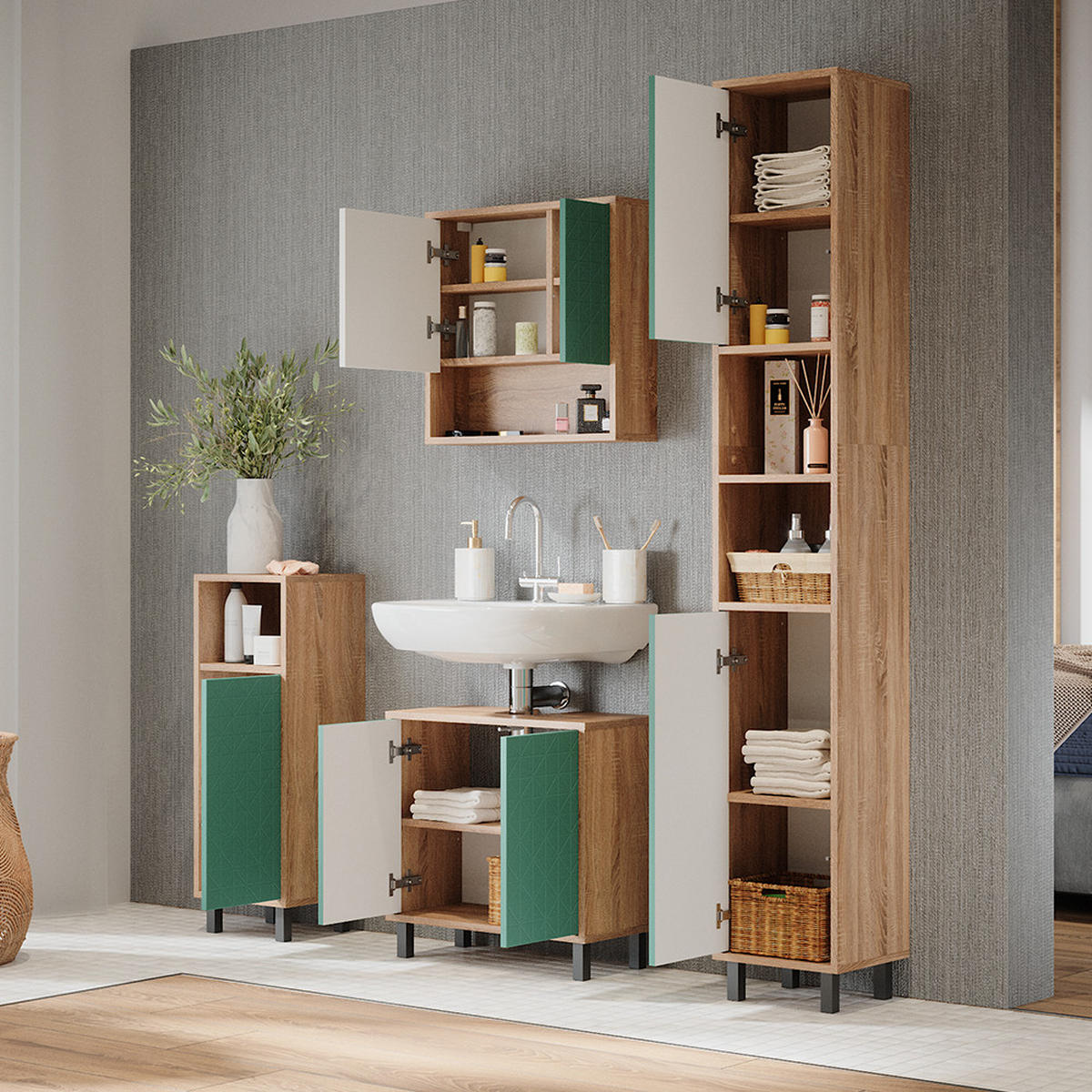 BADSCHRANK Agasta Mintgrün 30 x 190.3 cm - Mintgrün, Holzwerkstoff (30/190.3/28cm) - Vicco