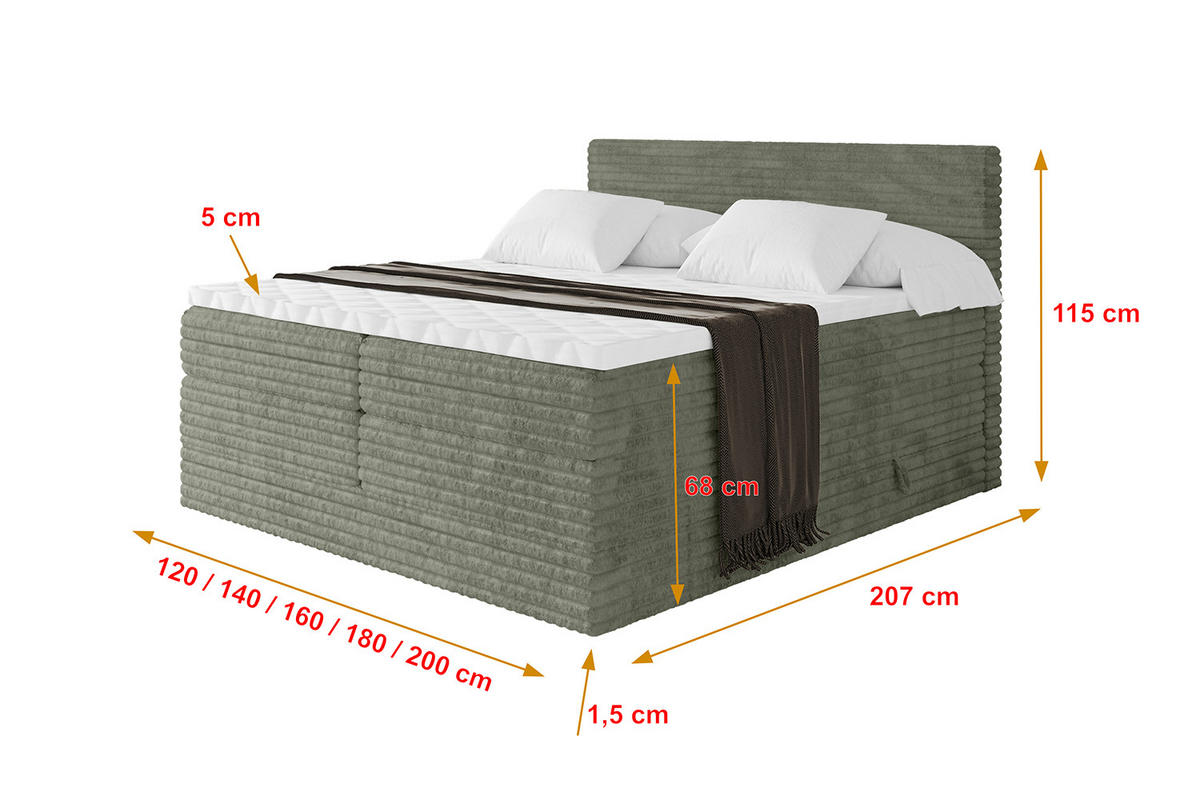 BOXSPRINGBETT mit Matratze H3|H4 und Lattenrost - TOLO KING-v1 200x200 Cord - Olive - Olivgrün, Holzwerkstoff (200/200cm)