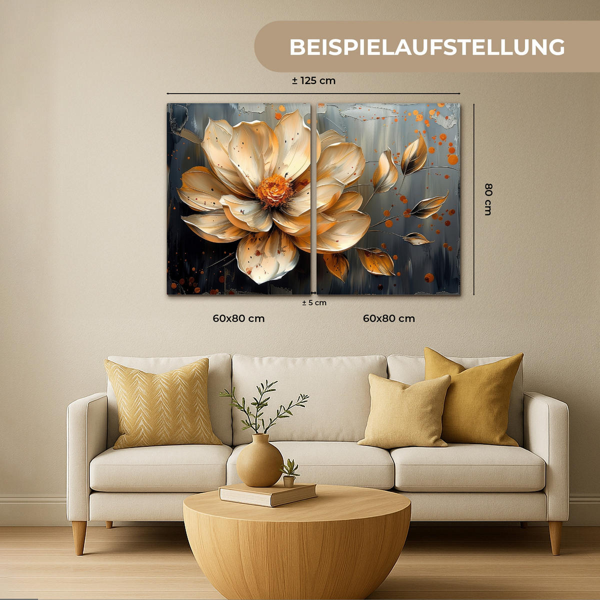 LEINWANDBILD 2er Set Blume - Gold - Abstrakt - Farbe 100x70 cm - Creme, Textil (100/70cm) - MuchoWow