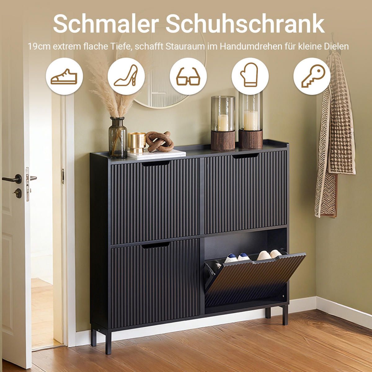 SCHUHSCHRANK mit 4 Klappen schmal 100x91x19cm Schwarz - Schwarz, Holzwerkstoff/Metall (100/91/19cm) - SoBuy