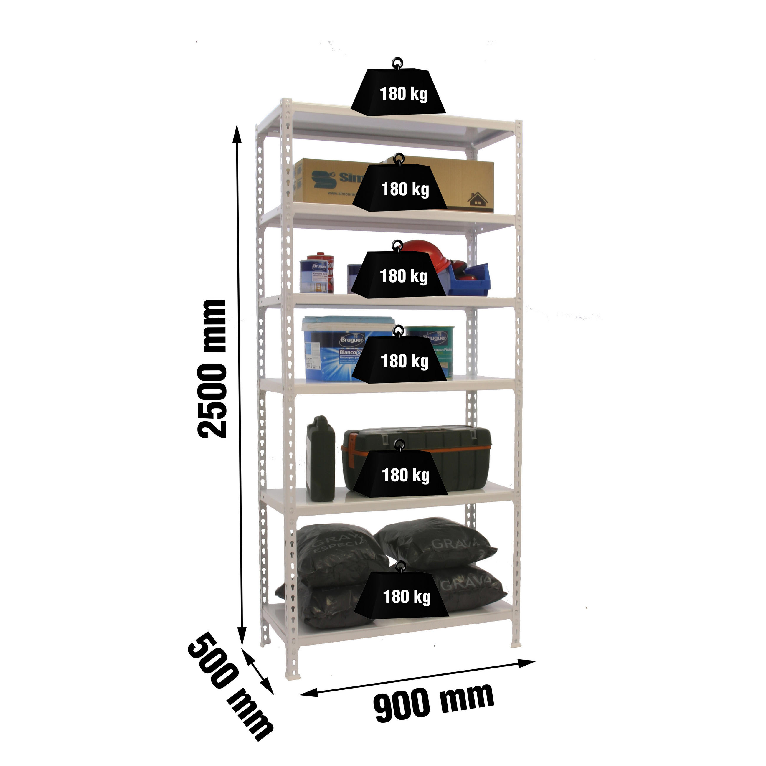 SCHWERLASTREGAL Giant Metal Shark HxBxT 250 x 90 x 50 cm Fachlast 180 kg Weiß - Weiß, Metall (90/250/50cm) - PROREGAL