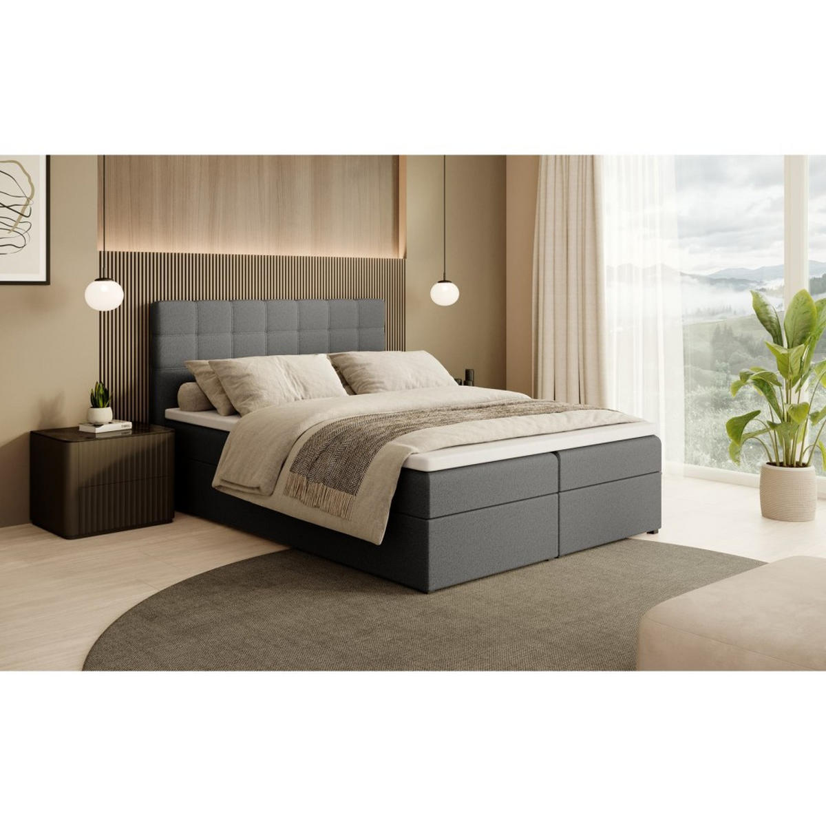 POLSTERBETT Topiq I 144/203/103 dunkelgrau, Bouclé-Stoff - Dunkelgrau, Holzwerkstoff (140/200cm) - Beautysofa