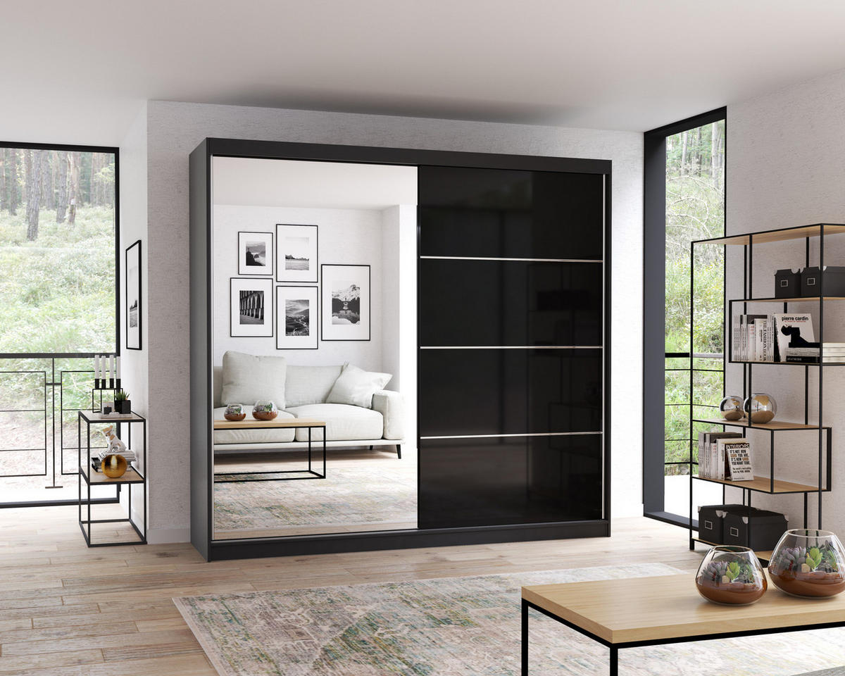 SCHWEBETÜRENSCHRANK MULTI 31 Schwarz/Schwarz + Spiegel 233 cm - Schwarz/Alufarben, Glas/Holzwerkstoff (233/218/61cm) - imoebel24