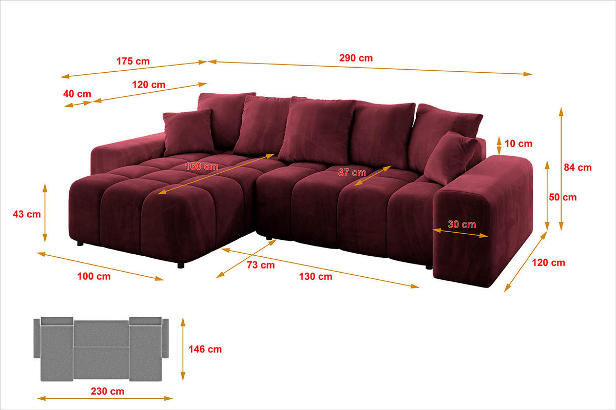 ECKSOFA Ottomane links/rechts ENIL-L 290x175x84 Bordeaux Velours - Bordeaux, Holzwerkstoff/Kunststoff (290/175cm) - ALTDECOR
