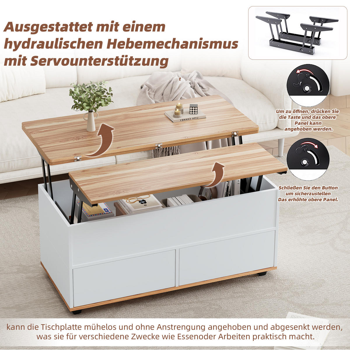 KLUPSKI stolić 100/98/65 cm, bijeli i prirodni dekor, s hidrauličnim podizanjem - bijela, drvni materijal (100/98/65cm) - BEAOK
