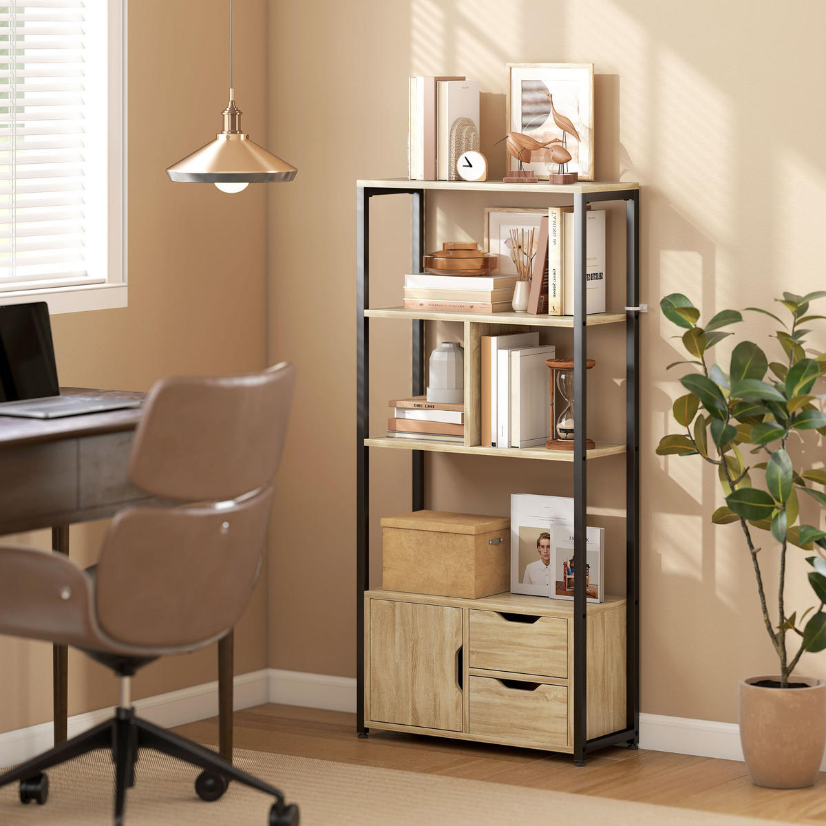 REGAL DE-15558 58/24/122 cm, 3 Ablagen und 2 Schubladen Naturholz/Schwarz - Naturfarben, Holzwerkstoff (58/122/24cm) - ComfortXL