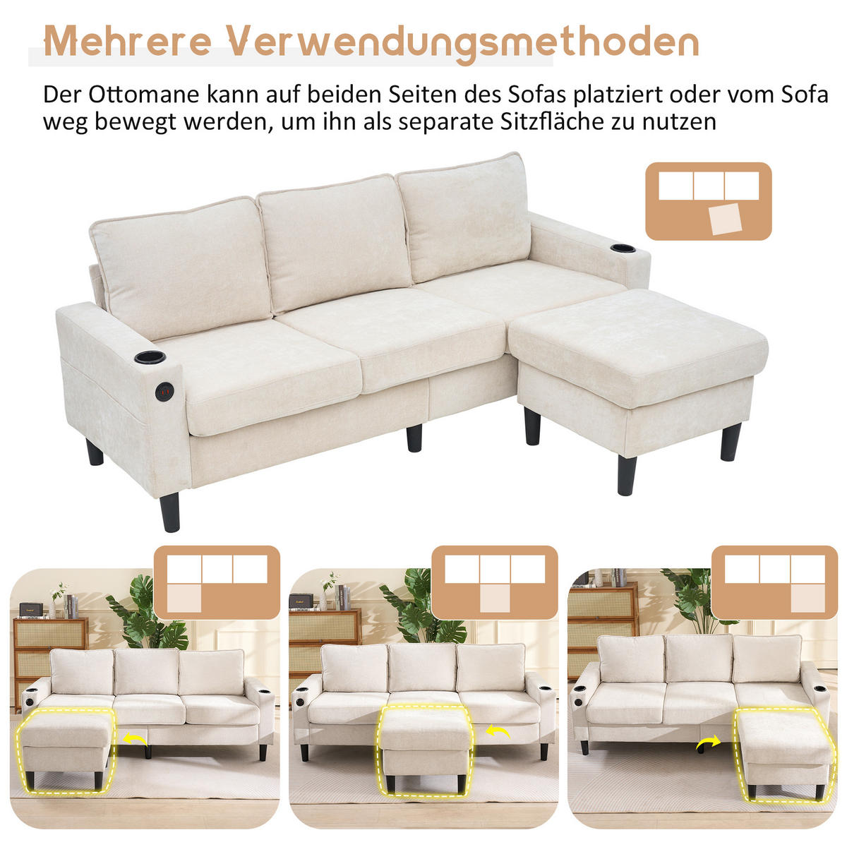 ECKSOFA Leinen mit USB-Anschluss und Typ-C 202/137/80 cm Beige - Beige, Textil (137/202cm) - Redom