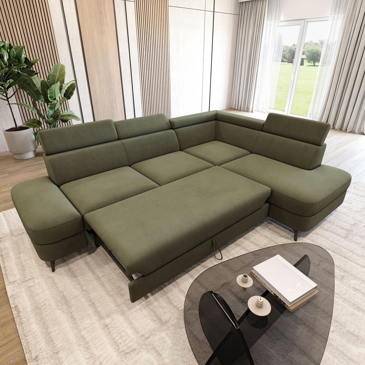 ECKSOFA AVISE MV R-S Grün Velours-Stoff mit Schlaffunktion - Grün, Holzwerkstoff/Textil (268/195cm) - MASSENO